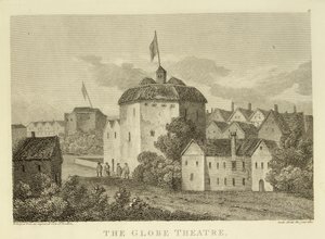 A Globe Theatre on the Bankside, ahogyan I. Jakab (1566-1625) uralkodása alatt megjelent, egy 1612 körüli metszet után, amelyet 1810-ben adtak ki. alkotó: English School