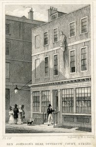 The Grecian Coffee House, Devereux Court, Strand, Ben Johnson mellszobrával (metszet) alkotó: English School