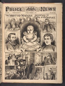 A Hampstead-i gyilkosságok, vázlatok az Old Bailey-ben, a The Illustrated Police News 1890. december 13-i szombati számából (újságpapír) alkotó: English School