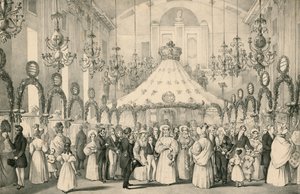 A Hannover Square Rooms, amikor Viktória királynő személyesen megtekintette az 1833. június 19-én megrendezett díszes vásárt a bajba jutott külföldiek megsegítésére. alkotó: English School