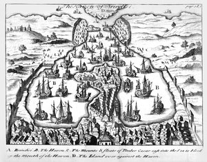 A Brindisi kikötője, illusztráció „Julius Caesar galliai háborúiról és a Pompeius elleni polgárháborúról írt kommentárjaihoz”, amelyet Martin Bladen angolra fordított, 1706-ban jelent meg.