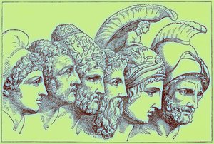 A trójai háború hősei: Párizs, Diomédész, Odüsszeusz, Nesztor, Akhilleusz, Agamemnon, illusztráció A világ illusztrált történelméből, megjelent 1880 körül (digitálisan javított kép) alkotó: English School