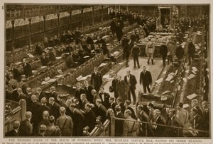 Történelmi jelenet az alsóházban, amikor a katonai szolgálatról szóló törvényjavaslat harmadik olvasatán, 1914-1919 alkotó: English School
