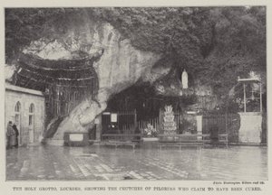 A lourdes-i Szent-barlang, azon zarándokok mankóival, akik azt állítják, hogy meggyógyultak (metszet) alkotó: English School