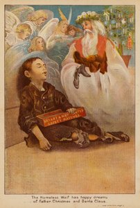 A hajléktalan Waif boldogan álmodik a Mikulásról és a Télapóról (színes litográfia) alkotó: English School