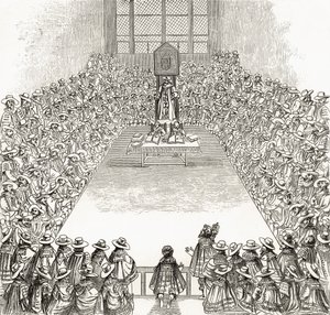 Az alsóház I. Jakab idejében, Richard Lovett tiszteletes „London Pictures: Drawn with Pencil” című művéből, 1890-ben. alkotó: English School