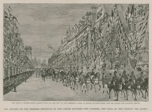 A Birodalmi Intézet: Őfelsége áthalad a Queens Gate-en, útban a megnyitó ünnepségre életmentők, valamint az indiai és gyarmati csapatok kíséretében alkotó: English School