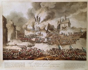 Hougoumont belseje az 1815. június 18-i csata során, T. Sutherland metszetével, 1816-ban megjelent (akvatinta) alkotó: English School