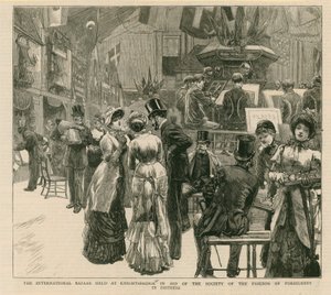 A Knightsbridge-ben tartott Nemzetközi Bazár a bajba jutott külföldiek baráti társaságának megsegítésére alkotó: English School