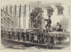A görög királyt a walesi herceg fogadta a HMS Serapis fedélzetén (metszet) alkotó: English School
