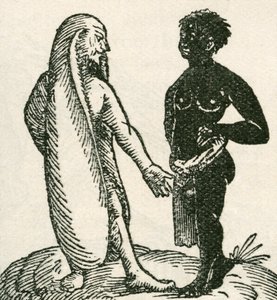 A hosszúfülű ember szidja a szolgáját. A hosszúfülű férfiak állítólag Afrikában élnek. Azt mondták, hogy az egyik fülükön fekve aludtak, a másikkal pedig takaróként takarták be őket. Az 1897-ben megjelent The Strand Magazine-ból. alkotó: English School
