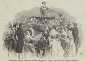 A csodálatos ezüst-aranyozott borhűtő, a windsori kastélyban, jelenet a Waterloo galériában, a királyi keresztelőn (metszet) alkotó: English School