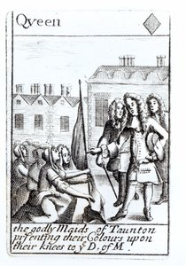 Taunton szobalányai Monmouth hercege előtt térdelve, 1685. június 18-án, a gyémántok királynője előtt, a Monmouths-lázadás emlékére készült játékkártya alkotó: English School