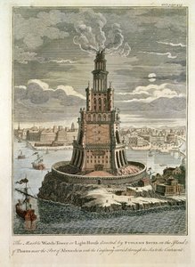 A márvány őrtorony vagy világítótorony, amelyet Ptolemaiosz Szoter emelt Pharosz szigetén, Alexandria kikötője közelében (színes nyomat) alkotó: English School