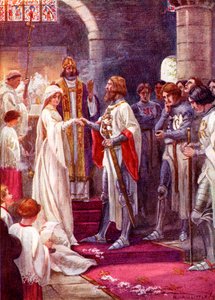The Marriage of King Arthur and Guinevere. Coloured illustration from the book The Gateway to Tennyson published 1910. alkotó: English School