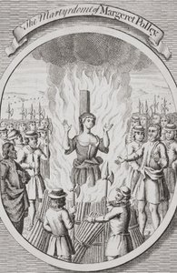Margeret Polley mártírhalála Tunbridge-ben, a "The Burning of the Martyrs" című, 1741-ben kiadott könyvből (litográfia). alkotó: English School