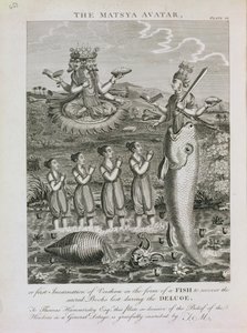 A Matsya Avatar, avagy Visnu első megtestesülése hal alakban az özönvíz során elveszett szent könyvek visszaszerzésére, Barlow metszetében alkotó: English School