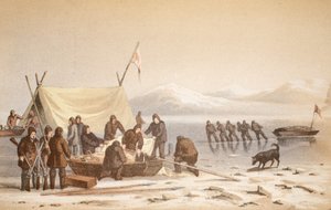 Találkozás a Wellington-csatornában, 1851. június 14., illusztráció az Utazás a Baffins-öbölbe és a Barrow-szorosba..., 1852-ből (kézzel színezett metszet) alkotó: English School