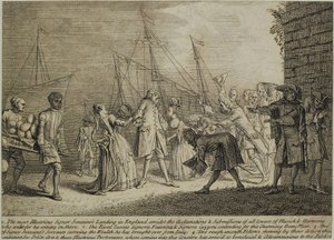 A legkiemelkedőbb Signor Senesinos partraszállás Angliában, 1726 körül alkotó: English School