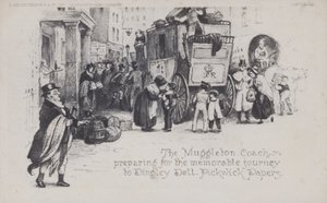 A Muggleton Coach, készül az emlékezetes utazásra Dingley Dellbe, Pickwick Papers (f/w fotó) alkotó: English School
