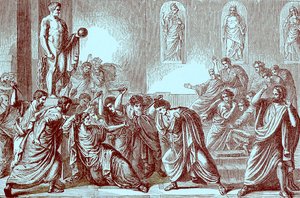 Julius Caesar meggyilkolása, illusztráció a The Illustrated History of the World-ből, megjelent 1880 körül (digitálisan javított kép) alkotó: English School