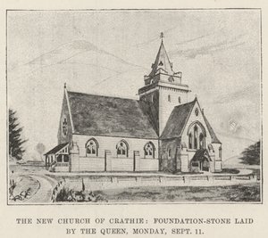 Crathie új temploma, a királynő által lerakott alapkő, hétfőn alkotó: English School