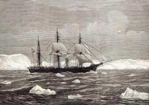 Az Északi-sark-expedíció: Az Alert felemelő színek annak tiszteletére, hogy elérte a legmagasabb szélességi fokot a feljegyzett hajók közül, a „The Illustrated London News”-ból, 1876 alkotó: English School