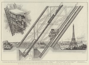 Az Otis lift a párizsi kiállítás Eiffel-toronyában, az American Elevator Company által épített, London és Párizs (metszet) alkotó: English School