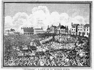 A Peterloo-i mészárlás, a St. Peters Place kilátása alkotó: English School