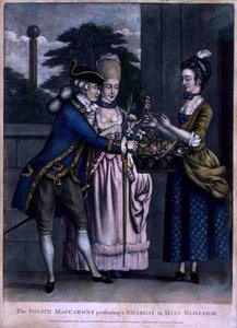 Az udvarias makaróni Nosegay-t mutat be Miss Blossomnak, kocsma. szerző: Carington Bowles (fl.1744-93) alkotó: English School