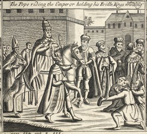 Lovagló pápa, kantárt tartó császár, előtte sétáló királyok, John Foxe illusztrációja a Cselekedetek és emlékművekből, kilencedik kiadás, kocsma. 1684 alkotó: English School