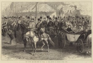 A királynő és a perzsa sah a felülvizsgálaton a Windsor Great Parkban (metszet) alkotó: English School