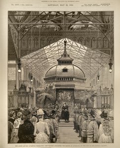 A királynő a liverpooli kiállításon: Őfelsége lovaggá üti Liverpool polgármesterét a Centrál Galériában, a The Illustrated London Newsból, 1886. május 22. alkotó: English School