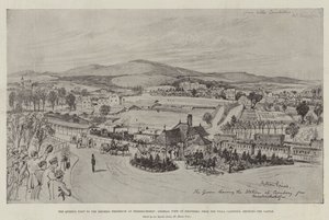A királynő látogatása Frigyes császárnénál Friedrichshofban, általános kilátás Kronbergre, a Villa Candidusból, a kastély bemutatásával (metszet) alkotó: English School