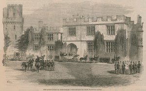 A királynék birminghami látogatása – az indulás a Warwick kastélyból alkotó: English School