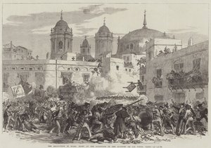 A forradalom Spanyolországban, Harc a Barikádon a Quarter de Los Vinasban, Cadiz (metszet) alkotó: English School