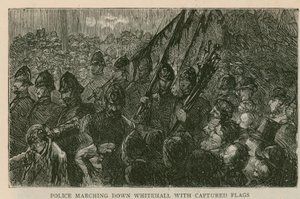 Zavargás a Trafalgar Square-en: A rendőrök elfogott zászlókkal vonulnak le a Whitehallon alkotó: English School