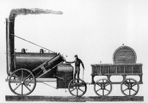 A Rocket, gőzmozdony, amelyet George és Robert Stephenson tervezett és épített 1829-ben a Liverpool-Manchester vasút számára (metszet) alkotó: English School