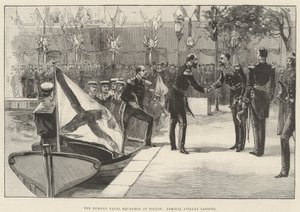 Az orosz haditengerészeti osztag Toulonban, Avellan admirális partraszállása (metszet) alkotó: English School
