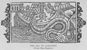 A Sötétség tengere, Olaus Magnus (1490-1557) könyvéből, „Amerika narratív és kritikai története”, pub. 1889-ben alkotó: English School