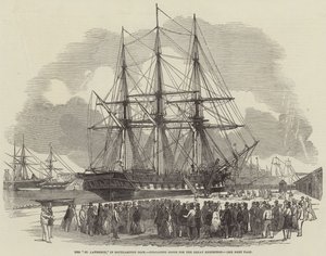 A "Szent Lőrinc" Southampton Dockban, árukat rak ki a Nagy Kiállításhoz (metszet) alkotó: English School