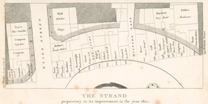 A londoni Strand 1810-es fejlesztése előtt; a terület terve alkotó: English School