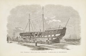 Der Krieger-Hulk mit dem Schwefelwaschschiff in der Ferne, aus The Criminal Prisons of London and Scenes of Prison Life von Henry Mayhew (1812-87) und John Binny, 1862 von English School