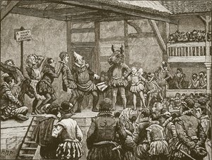 Shakespeare egyik drámájának színjátszása Erzsébet királynő idejében, illusztráció Cassell Anglia illusztrált története című művéből (szépia fotó) alkotó: English School