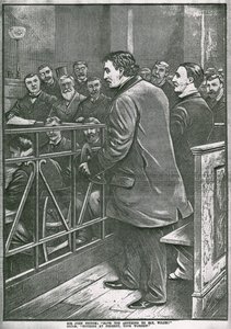 Oscar Wilde letartóztatása: Wilde a vádlottak padján alkotó: English School