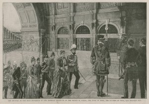 Megérkezés a walesi herceg császári intézetének főbejáratához, York hercege, Teck hercegné és May hercegnő alkotó: English School