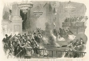 A londoni Covent Garden Theatre felgyújtása – az Álarcosok repülése alkotó: English School