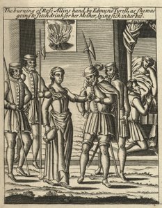 Rose Allins kezének elégetése, Edmund Tyrell (metszet) alkotó: English School