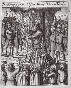 Thomas Tomkins áldott vértanú megégetése, illusztráció John Foxe "Acts and Monuments" című művéből, kilencedik kiadás, kiadó. 1684 (litográfia) alkotó: English School