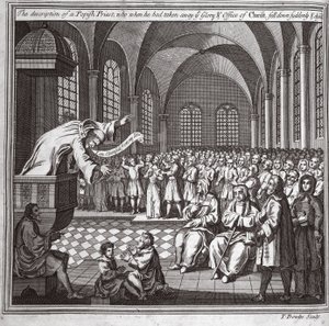 Egy pápai pap leírása, aki, amikor elvette Krisztus dicsőségét és hivatalát, hirtelen elesett és meghalt, illusztráció a Foxes Martyrs c.1703-ból alkotó: English School